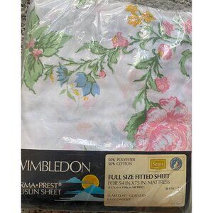 Vintage Wimbledon Sears Perma/Prest Muslin FULL Size Fitted Sheet Floral